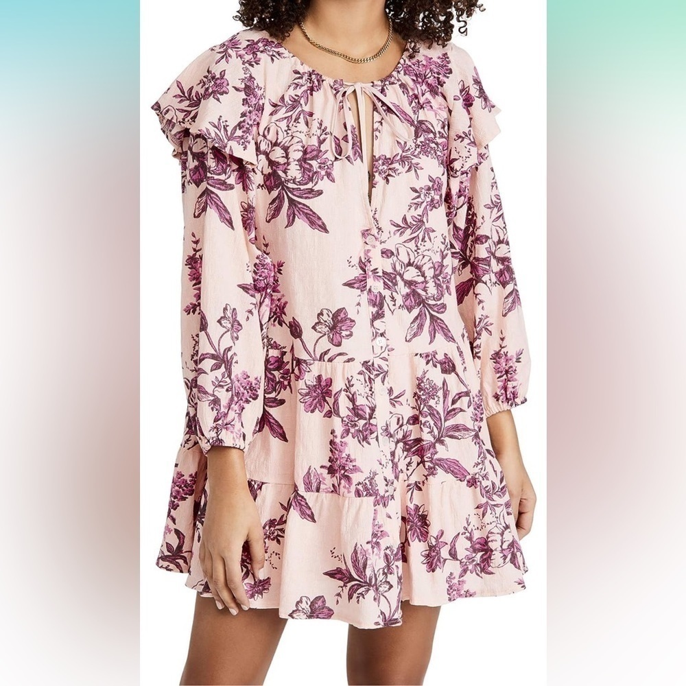 Free People Sunbaked Peach Pink Floral Ruffle Tiered Long Sleeve Swing Dress XS